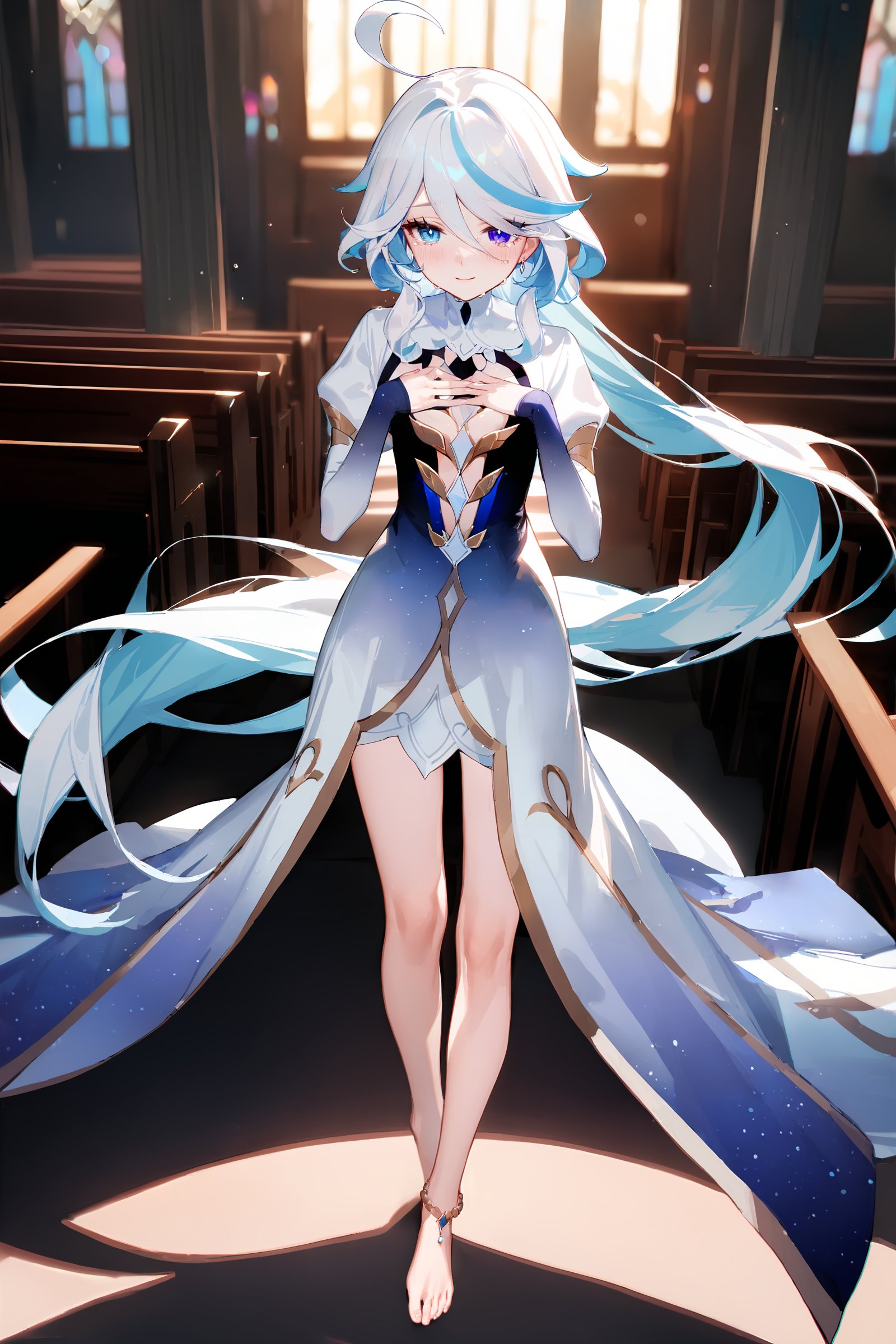 masterpiece, best quality, very aesthetic, ray tracing, newest, (hitenkei, askzy:0.4), 1girl, focalors \(genshin impact\), heterochromia, anklet, evening gown, long dress, juliet sleeves, bridal gauntlets, barefoot, full body, standing, smile, floating hair,  depth of field, hands on own chest, crying with eyes open, church, indoors, depth of field  <lora:Char-Genshin-Furina-XL-V1:0.9>