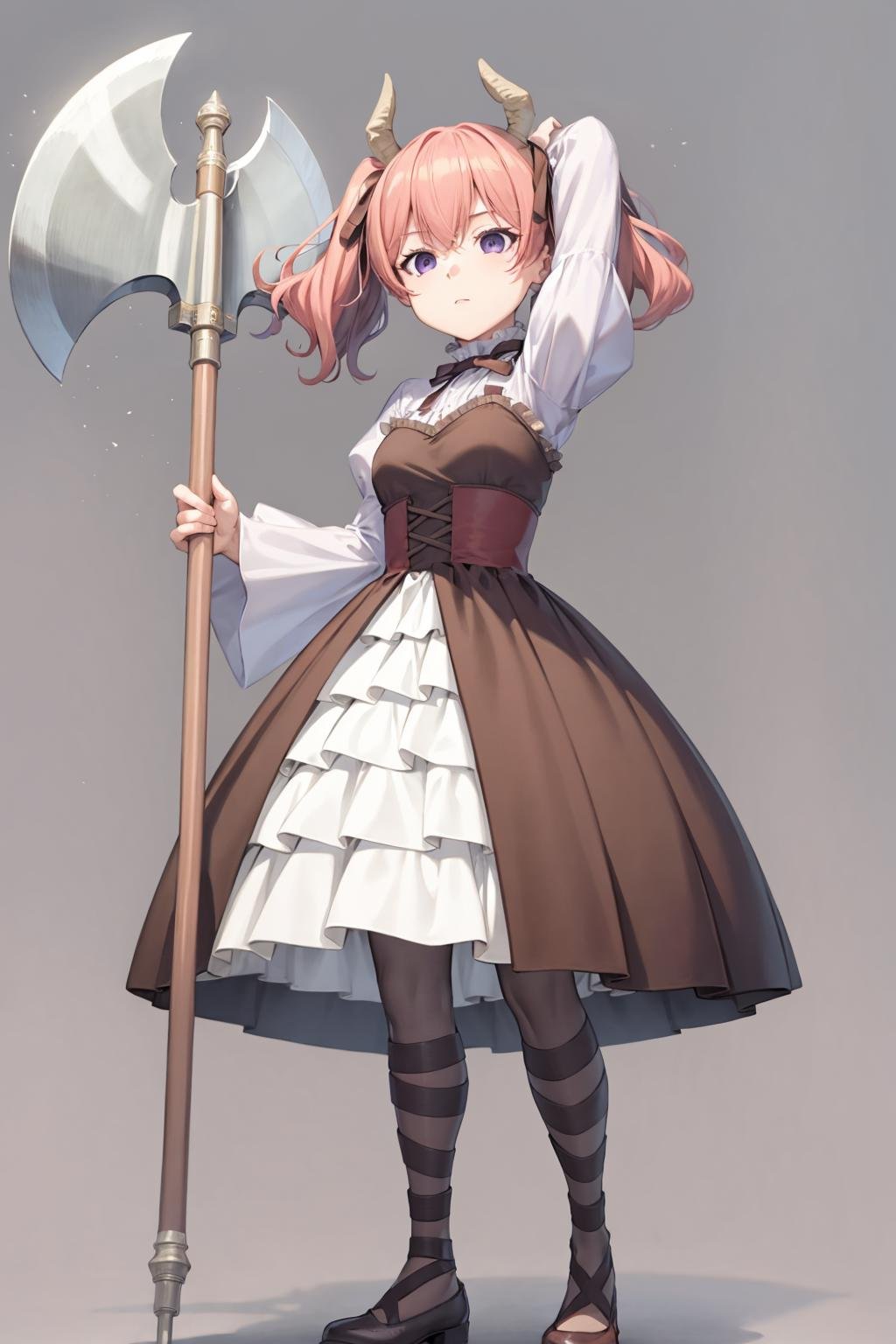 masterpiece, best quality,  <lora:ri-nie:1>,1girl, solo, axe, twintails, pink hair, dress, holding axe, purple eyes, pantyhose, holding, weapon, grey background, full body, frills, brown footwear, frilled dress, battle axe, ribbon, long sleeves, puffy sleeves, brown dress, simple background, arms up, standing