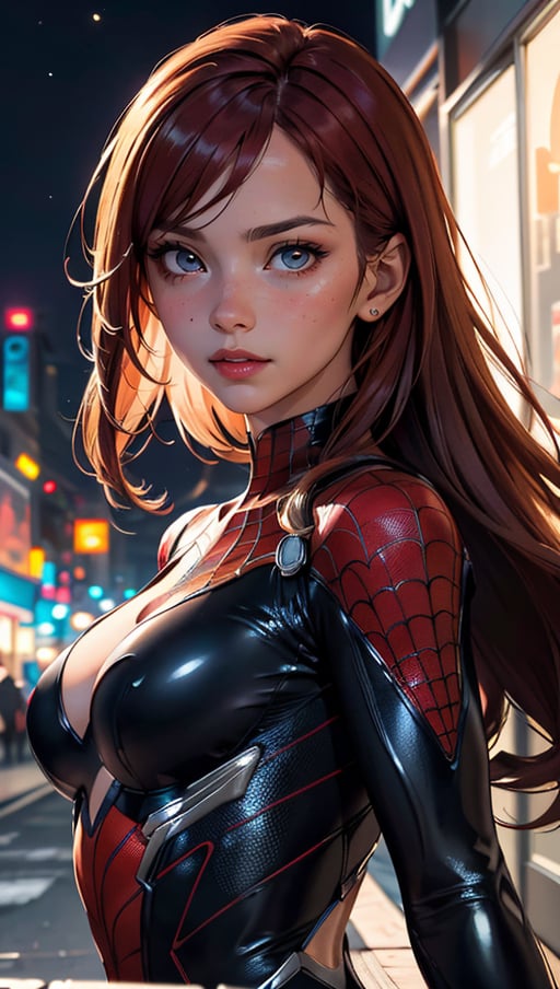 (best quality, masterpiece, colorful, dynamic angle, highest detailed) upper body photo, fashion photography of cute, intense long red hair, \Mary Jane\ in spiderman suit, (ultrahigh resolution textures), in dynamic pose, bokeh, glowing web, (intricate details, hyperdetailed:1.15), detailed, moonlight passing through hair, perfect night, colorful fantasy art background, (official art, extreme detailed, highest detailed), HDR+