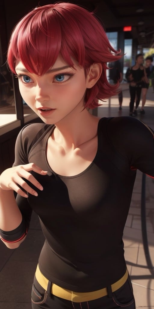 Hyperrealistic, photorealistic, highly detailed, body like in real life, perfect face, black T-shirt, black trousers, expressive brilliant cerulean eyes, short hight, red hair, fifteen years old, very little very flat breasts, octane render, unreal engine, highly detailed photorealistic background, droped shadow, bokeh, cinematic lighting, unreal engine, octane render, <lora:add_detail:0.5>, <lora:Volumetric_lighting:0.6>, Kubdel, Alix, , <lora:b5a1a206-402a-4cd9-b015-27a99c92ff02:0.7>