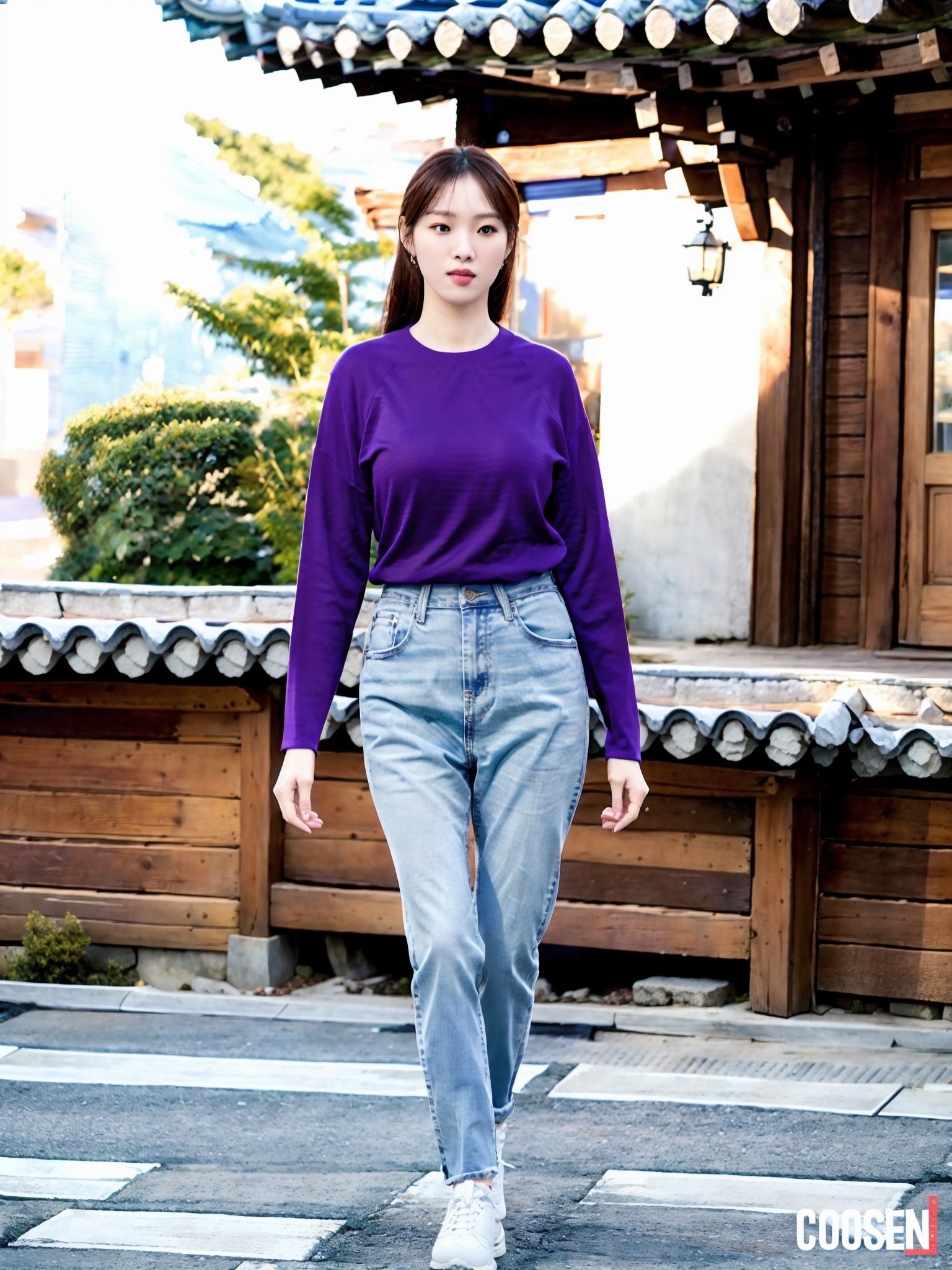 LSKyung, wearing a purple top and jeans, standing in front of a traditional korean house, (8k, RAW photo, best quality, masterpiece:1.2), (realistic, photo-realistic:1.37), professional lighting, photon mapping, radiosity, physically-based rendering  <lora:LSKyung:1>