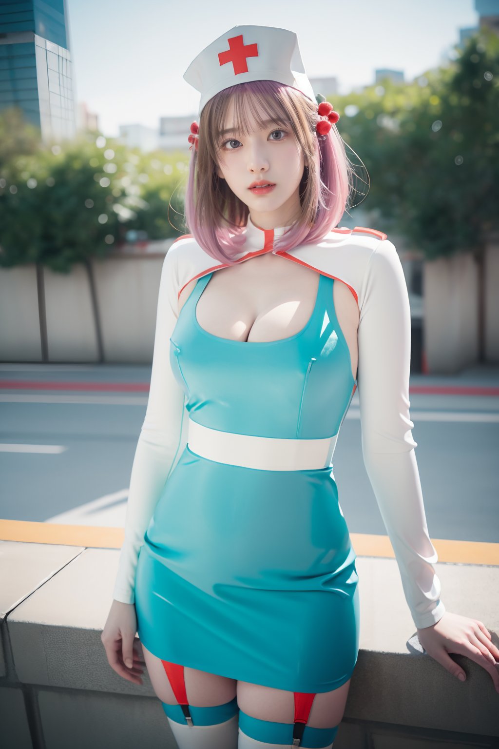 <lora:GoodHands-手beta2:1>,solo,1girl,outdoors,cityscape,standing,cowboy shot,<lora:0401 Cling To Latex_v1:1>,ruanyi0401,nurse cap,short dress,blue dress,garter straps,white thighhighs,cleavage cutout,capelet,, best quality,masterpiece,highres,official art,extremely detailed cg unity 8k wallpaper