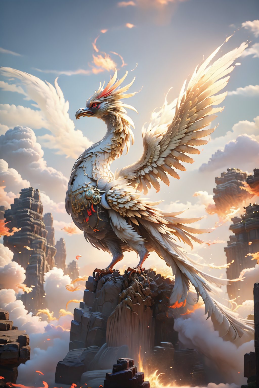 AgainRealistic_v2.0, no humans, bird, phoenix, cloud, solo, dragon, wings, feathered wings, sky, talons, animal focus, feathers, fire, full body, red eyes, scales, beak, flying, from side, cloudy sky, open mouth, spread wings, outdoors, eastern dragon, glowing