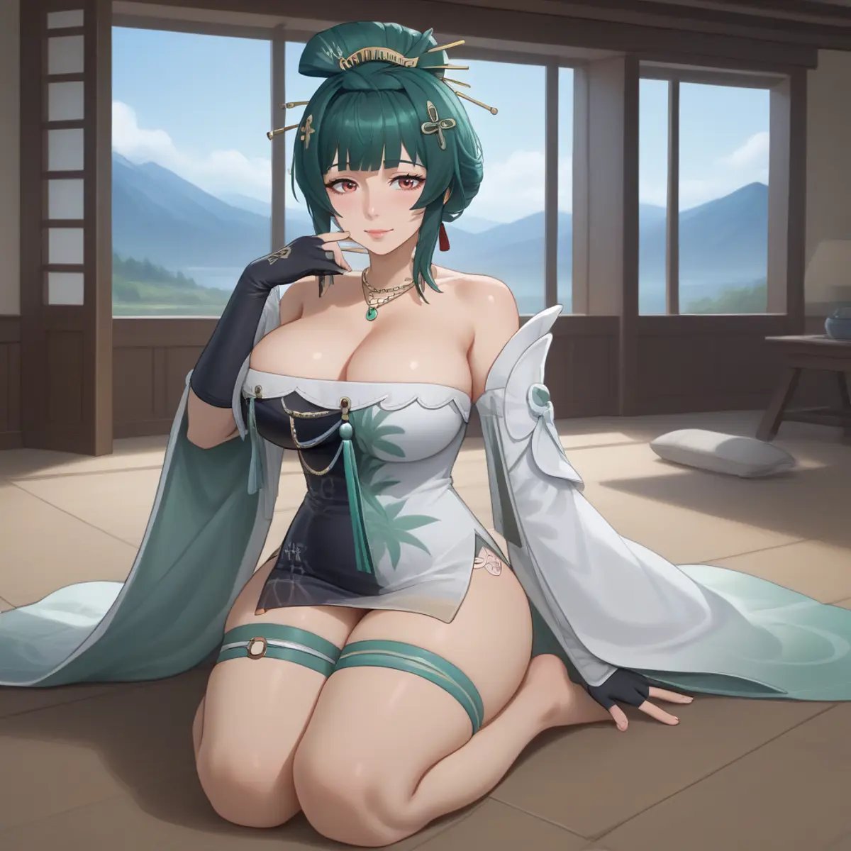 1girl, solo, Hanying, green hair, single hair bun, hair stick, hair ornament, necklace, strapless dress, white dress, cleavage, detached sleeves, fingerless gloves, kneeling , full body, thigh strap, skindentation, indoors, teahouse, window, mountains <lora:SDXL_Hyper:1> <lora:STFD_P:1> <lora:hanying-pdxl-nvwls-v1:1>