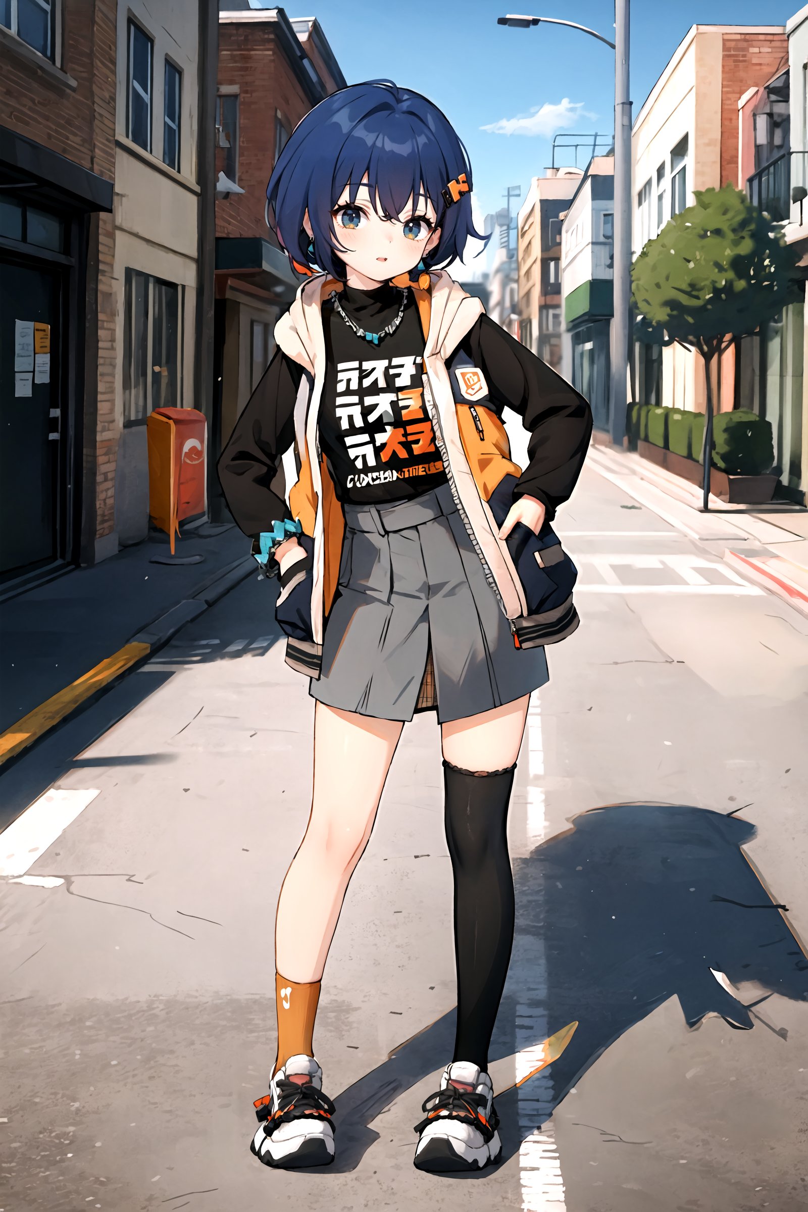 1girl, belle \(zenless zone zero\), solo, single fingerless glove, black shirt, single thighhigh, earrings, hairclip, sneakers, layered skirt, single sock, sleeveless jacket, asymmetrical legwear, necklace, bracelet, full body, standing, parted lips, looking at viewer, hand on hip, outdoors, street