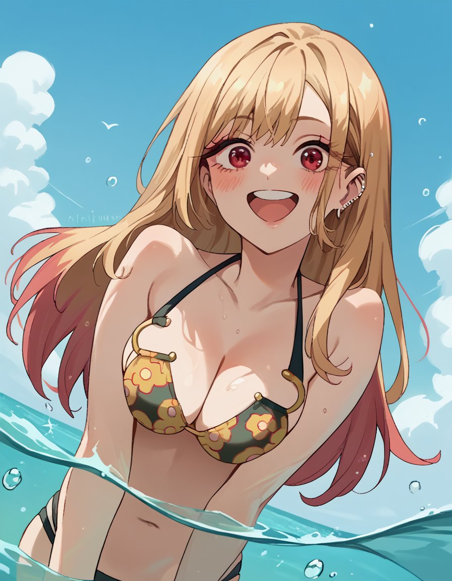 score_9, score_8_up, score_7_up, source_anime, marinkitagawa, <lora:marin-kitagawa-ponyxl-lora-nochekaiser:1>, marin kitagawa, long hair, bangs, blonde hair, red eyes, multicolored hair,, <lora:florida-bikini-ponyxl-lora-nochekaiser:1>, florida bikini, bikini, swimsuit,, ocean, submerged, water, blush, smile, open mouth,, cowboy shot, dutch angle,