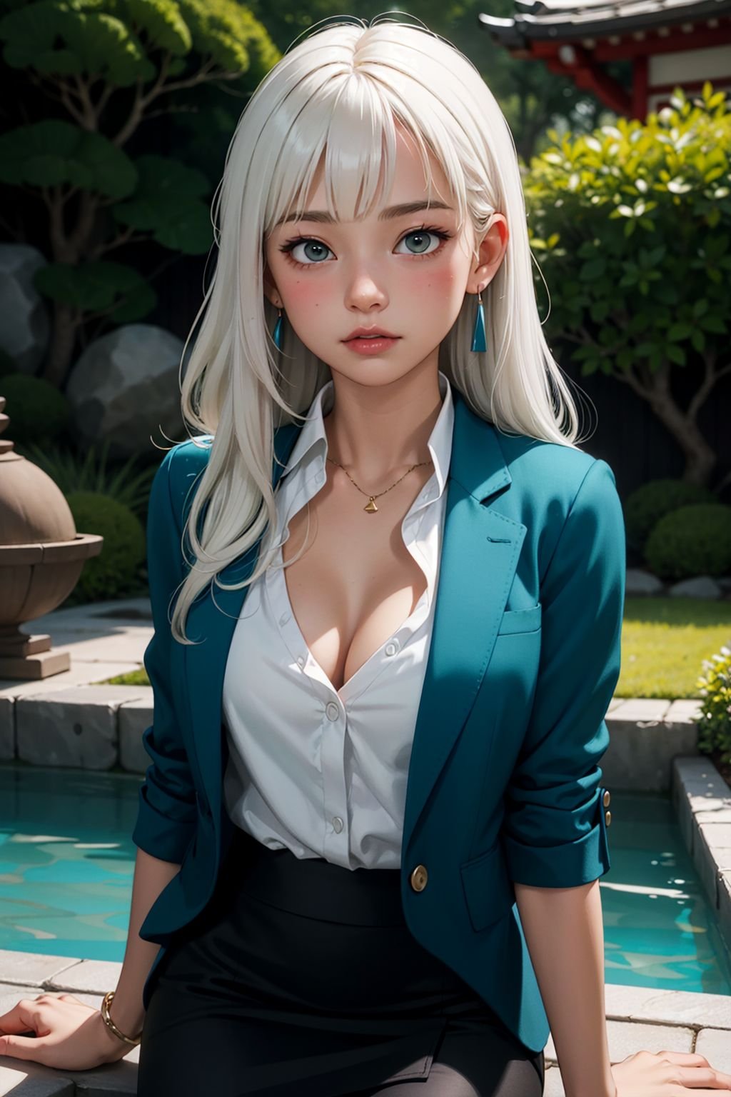 masterpiece, best quality, highres, 1girl, summer, Pencil skirt with a tucked-in blouse and blazer, Maven, Tall, Thin, Square Face, Dark Skin, White Hair, coral Eyes, Short Nose, Pouty Lips, Round Chin, Long Hair, Straight Hair, Fringed Bangs, soft breasts, Cuff earrings, teal stain lipstick, a tranquil Japanese Zen garden