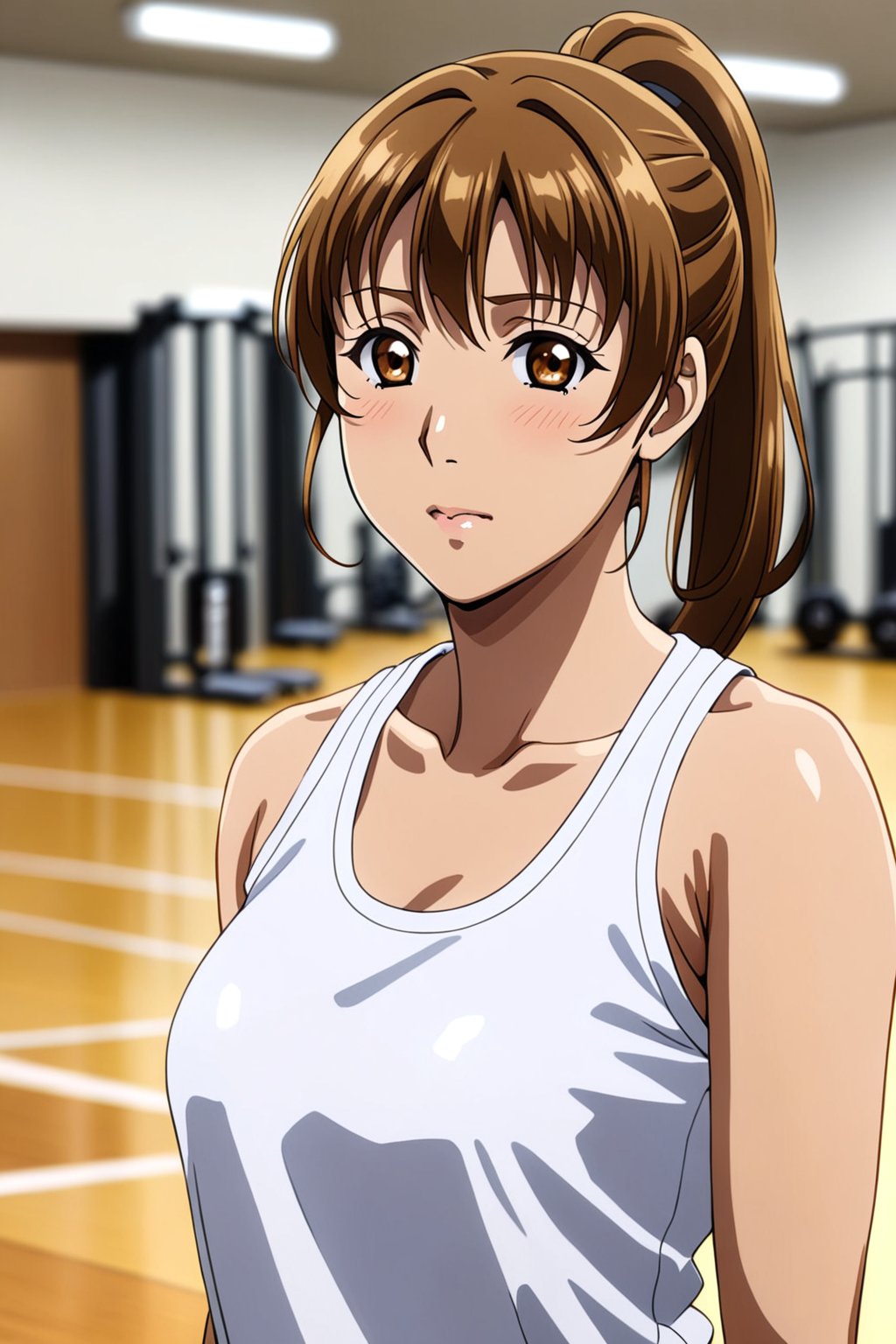 cowboy shot, sunohara shizuka,solo, ponytail, gym uniform, gym, looking at viewer,masterpiece, perfect face, best quality, beautiful girl, blurry background, cute girl, beautiful eyes, shiny eyes, absurdres,<lora:sunohara shizuka aam 2:1>