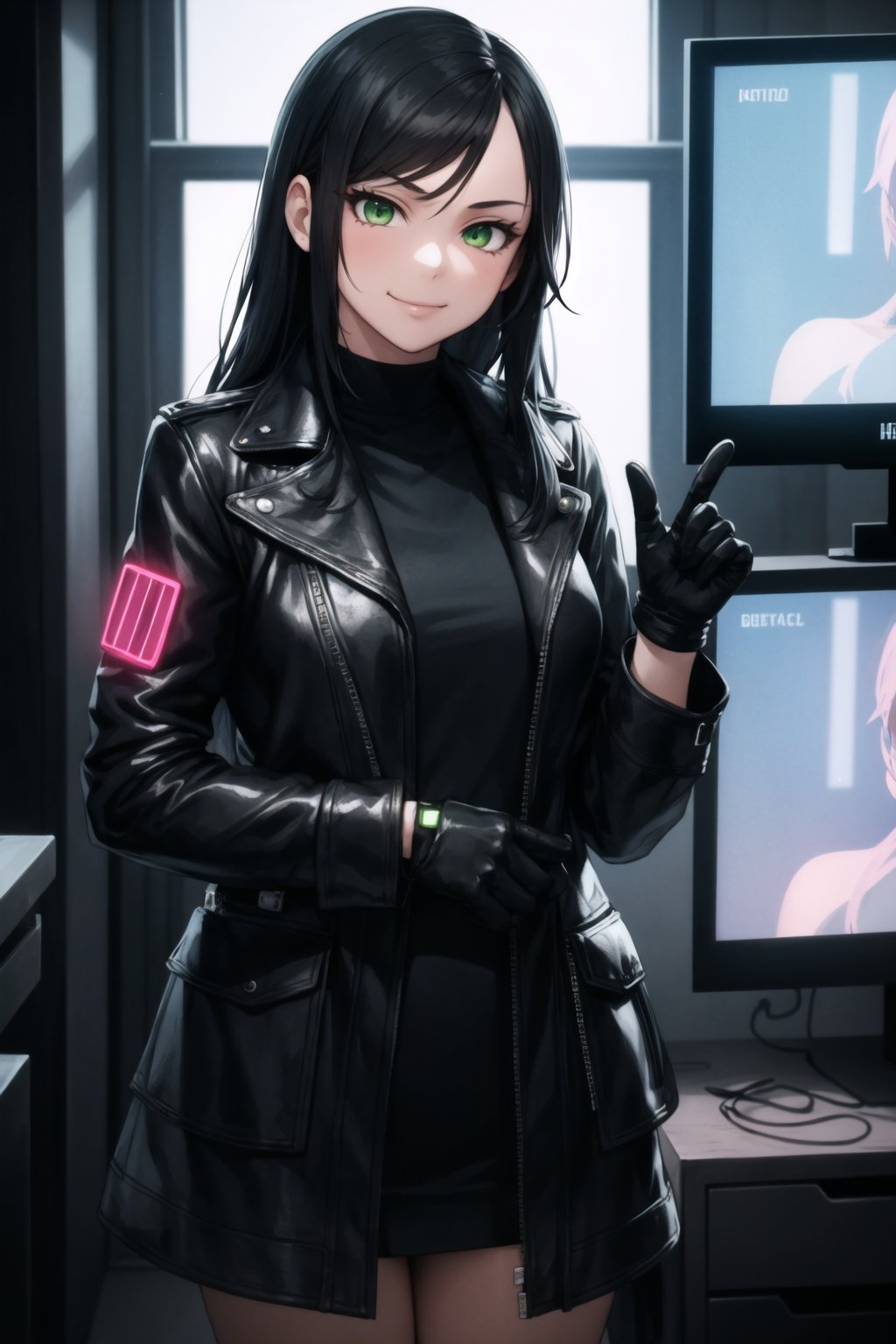 masterpiece, best quality, 1girl, long hair, green eyes, cyberpunk, multiple tv screens, black duster, leather gloves, smug, window