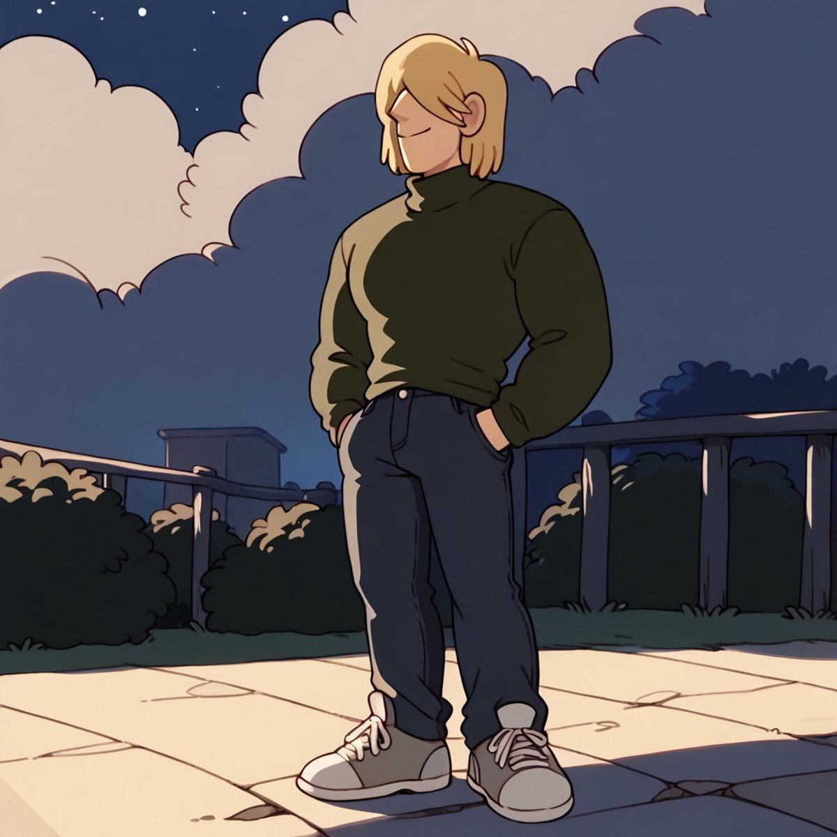 score_9, score_8_up, score_7_up BREAK TnnrCl, 1boy, shoulder-length blonde hair, hair covering eyes, dark green turtleneck sweater, hands in pockets, dark blue pants, gray shoes, smiling, rural countryside night outdoors, countryside night background,