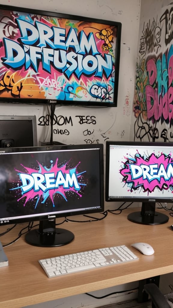 a Photo of a desktop computer on a work desk. On the left computer screen it says 'dream diffusion'.  On the right computer screen it says 'dice'.On the wall in the background we see beautiful graffiti with the text 'stable diffusion 3' very large on the wall.<lora:LegsBehindHead:1>