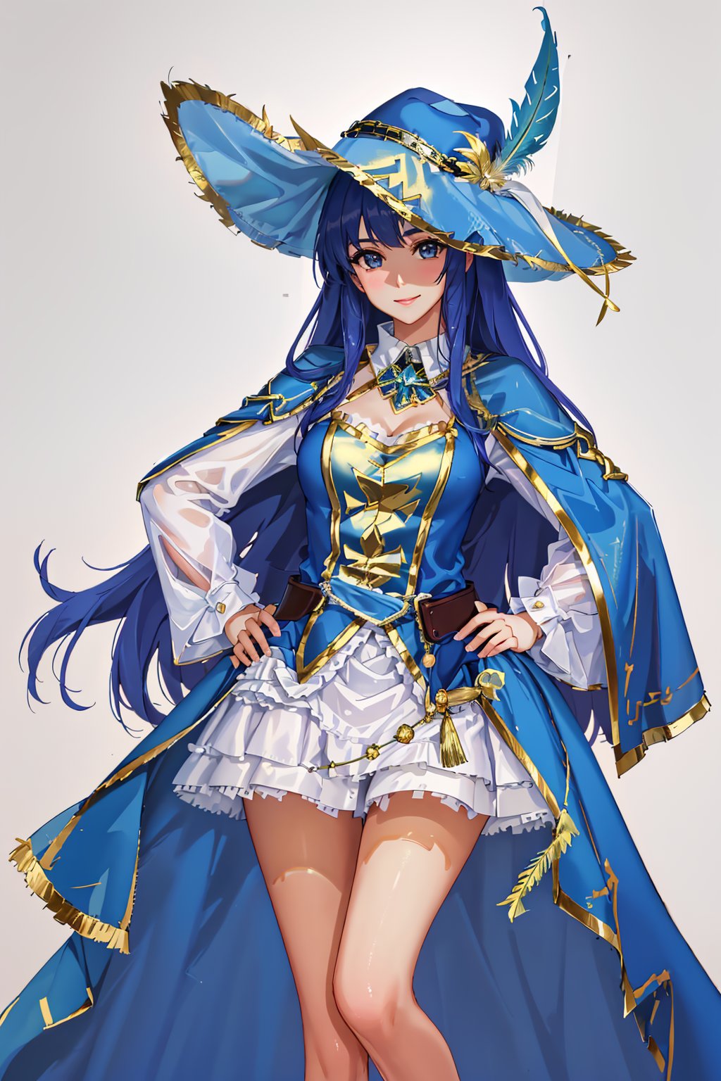 4K, Masterpiece, highres, absurdres,natural volumetric lighting and best shadows, smiling,deep depth of field,soft delicate beautiful attractive face,edgMousquetaire, a woman dressed in a blue and gold costume,hat,feather on hat ,wearing edgMousquetaire,castle background, hand on hip, <lora:edgMousquetaire:0.75>