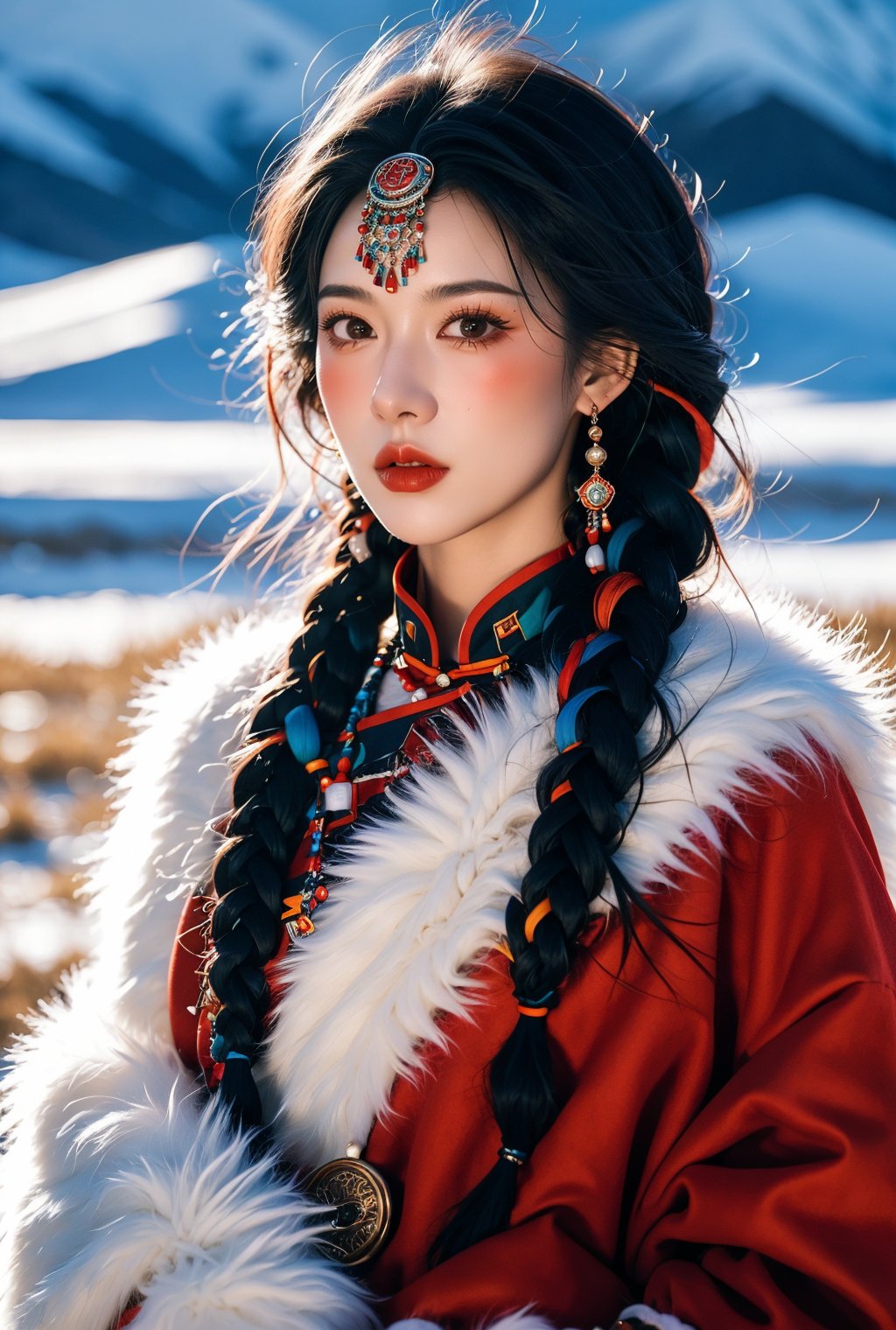 1girl,solo,black hair,jewelry,braid,earrings,outdoors,long sleeves,long hair,day,blurry,snow,fur trim,looking at viewer,multiple braids,parted lips,red lips,snowing,traditional clothes,multicolored hair,twin braids,sky,blurry background,lips,makeup,sleeves past wrists,hair over shoulder,upper body,depth of field,wide sleeves,<lora:zangzu_20240526212111:0.8>,