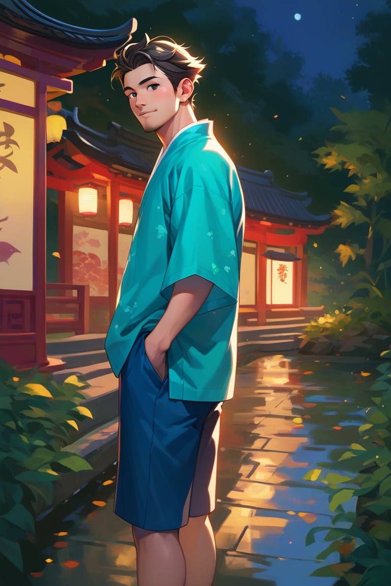 score_9, score_8_up, score_7_up, score_6_up, hannekenjinbei, outdoor, japanese architecture, night, summer festival, summer night, nighttime, feet out of frame, perfect anatomy, perfect proportions, best quality, masterpiece, high_resolution, high quality, aesthetic, absurdres, male focus, solo male, asian man, very short hair, black hair, black eyes, facial hair, green japanese clothing, green jinbei \(japanese clothing\), yarn knitting on sleeves, wide sleeves, short sleeves, side-knot closure clothing, indigo jinbei half pants, uchiwa handheld fan, adult, mature, masculine, manly, handsome, charming, alluring, standing, upper body, dutch angle, cowboy shot, from side, shinto shrine approach lined, food stalls<lora:EMS-444564-EMS:0.800000>