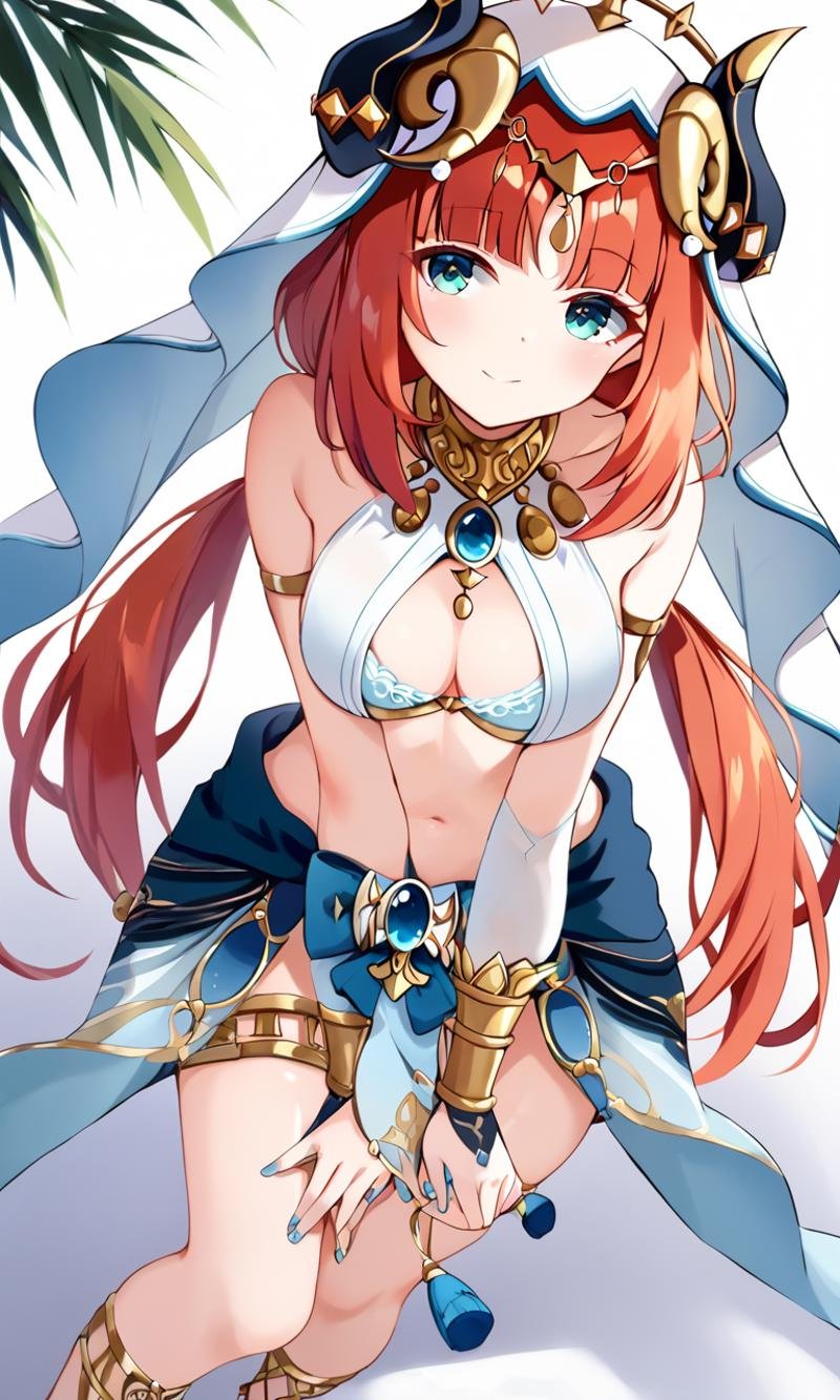 <lora:sdxl-gen-nilou-pony:0.8> gen-nilou, GenshinImpact, 1girl ,aqua eyes, eyeliner, orangered hair, shiny hair, horns, long hair, low twintails, parted bangs, sidelocks, medium breasts, blue nails, circlet, thighlet , neck ring +++ see-through veil, blue gemstone, white headwear, brooch, lightblue harem outfit, puffy long sleeves, bare shoulders, detached sleeves, gold trim, blue skirt, gladiator sandals +++ Smiling, cover mouth with hands, +++ Crawling position Thumbs up, bare legs soles focus, looking afar, High Angle, cinematic lighting, Digital Libraries