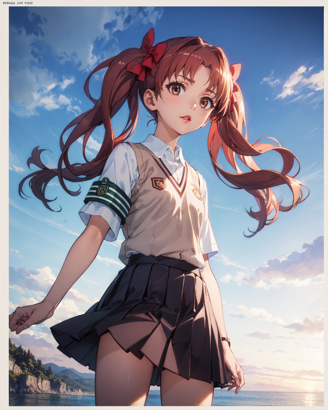 <lora:Kuroko-000003:0.8>,Kuroko CYQL,1girl,looking at viewer,solo,long hair,twintails,brown hair,brown eyes,bow,hair bow,wavy hair,school uniform,sweater vest,summer uniform,armband,skirt,shirt,green armband,pleated skirt,white shirt,v-neck,grey skirt,standing,collared shirt,socks,loafers,(tearing_up:1.2),beautiful face,beautiful eyes,glossy skin,shiny skin,(portrait,from_below,on stomach:1.2),outstretched hand,Amalfi Coast, Dinner, Sunset, Cliffside view, Romance,spider_lily,beautiful detailed sky,beautiful detailed glow,(English text:1.3),(border:1.5),posing in front of a colorful and dynamic background,(masterpiece, best quality, beautiful and aesthetic:1.3),contrapposto,female focus,fine fabric emphasis,wallpaper,fashion,Lipstick,depth of field,intricate_detail,finely_detailed,fine_fabric_emphasis,(glossy),<lora:增强减少细节add_detail:0.4>,