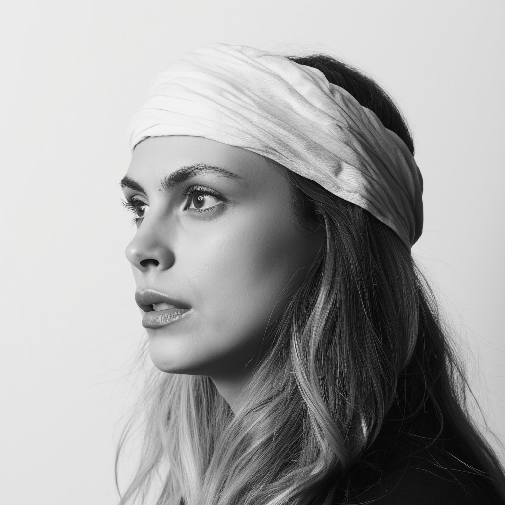 morena_baccarin, A woman is wearing a white headband on her head. She has long hair that is falling over her shoulders. The woman is looking off to the side with a serious look on her face. The photo is black and white.