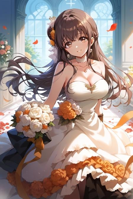 score_9, score_8_up, score_7_up, score_6_up, 1girl, <lora:Amano_Airi:0.9> amano, dress, flower, gloves, breasts, long hair, hair ornament, solo, brown eyes, petals, cleavage, brown hair, bouquet, strapless dress, strapless, bday