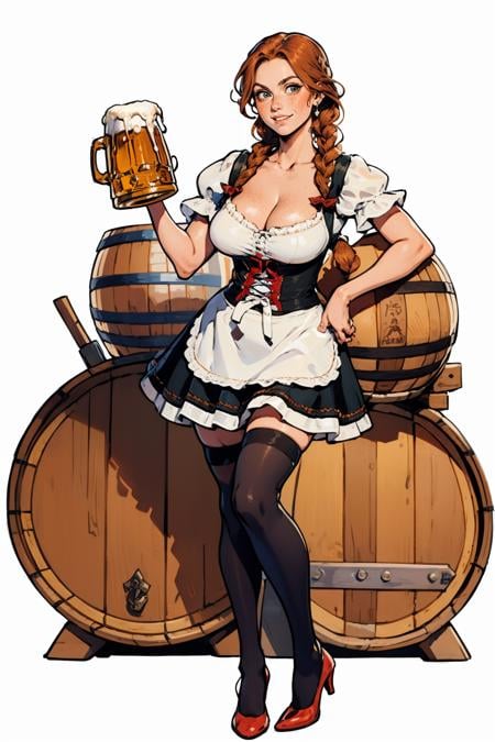 masterpiece, best quality, <lora:age_slider_v20:1>  <lora:detail_slider_v4:2> 1girl, barma1d3n, dirndl, dress, cleavage, german clothes, thighhighs, standing, full body, twin braids, mug, beer mug, barrel, <lora:barma1d3n:0.7>  <lora:Fr3ckles:0.8> Fr3ckles, freckles, long hair, ginger hair, white background, 