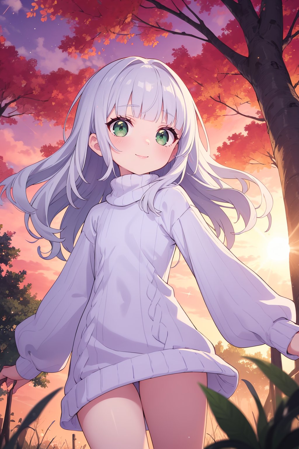 (masterpiece), best quality, expressive eyes, perfect face, solo, petite, long hair, wavy hair, silver hair, blunt bangs, green eyes, flat chest, white turtleneck, sweater, light smile,forest, lens flare, wind, sunset, from below,
