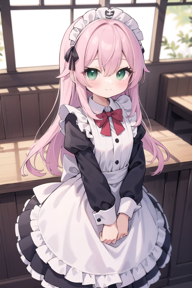 insanely detailed, absurdres, ultra-highres, ultra-detailed, best quality,1girl, solo, nice hands, perfect handsBREAK(cleavage:-1.5),(classical maid:1.2),apron, blush, bow, bowtie, frilled apron, frills, long sleeves, maid, maid apron, maid headdress, waist apron, white apron,(maid costume, maid hair dress:1.3), long skirtBREAKhappy smile, laugh, closed mouthBREAKfrom above,standing, cowboy shot, looking at viewerBREAKslender, kawaii, perfect symmetrical face, ultra cute girl, ultra cute face, ultra detailed eyes, ultra detailed hair, ultra cute, ultra beautifulBREAKin coffee shop, indoors, depth of field, ultra detailed backgroundBREAKmedium breastsBREAK(pink hair, dark green eyes), long hair, hair between eyes