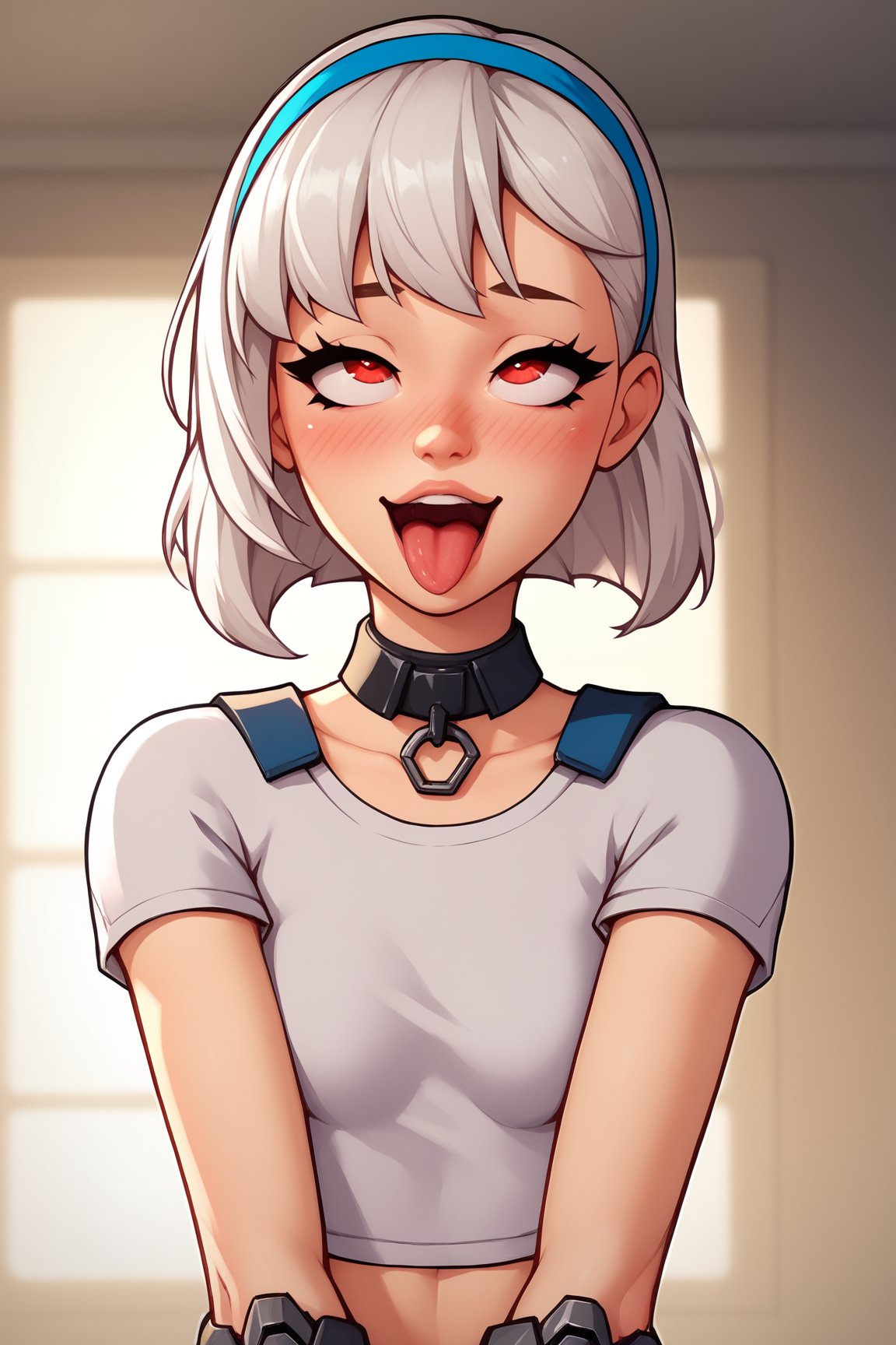 score_9, score_8_up, score_7_up, score_6_up, score_5_up, score_4_up, LexaFEXL, red eyes, white hair, short hair, blue hairband, bangs, black collar, mechanical hands, small breasts, white crop top, short sleeves, solo, front view, v arms, (portrait, upper body), solo focus, (ahegao), rolling eyes, open mouth, tongue out, naughty face, nose blush, indoors <lora:LexaFEXL:0.9>