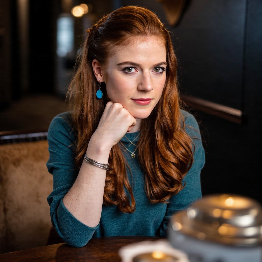 A portrait of rose_leslie seated in a dimly lit room. She has long, wavy brown hair styled in a half-up, half-down braid. She wears blue earrings and a silver bracelet on her left wrist. Her pose is contemplative, with her hand resting on her chin. The background is blurred, highlighting the subject. The color palette is warm, dominated by browns, blues, and golds, creating a cozy and intimate atmosphere.