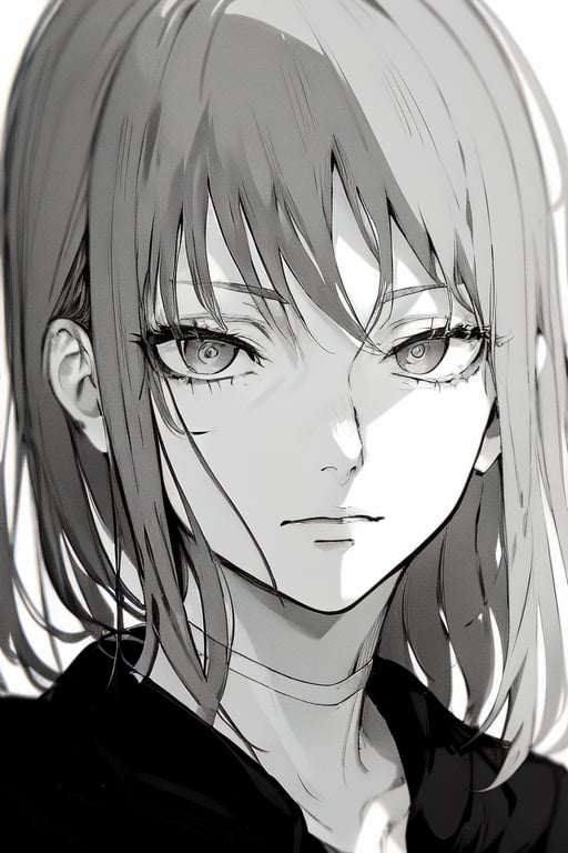 1girl,solo,monochrome,greyscale,ringed eyes,makima \(chainsaw man\),looking at viewer,white background,simple background,bangs,braid,braided ponytail,sidelocks,closed mouth,collared shirt,hair between eyes,expressionless,medium hair,shirt,close-up,eyelashes ,<lora:girl_portrait:1>,full_shot