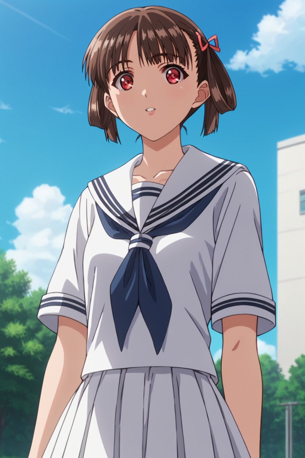 score_9, score_8_up, score_7_up, score_6_up, score_5_up, score_4_up, source_anime,soratani natsuki,1girl, solo, school uniform, red eyes, brown hair, serafuku, sky, day, hair rings, looking at viewer, from below, outdoors, short hair, neckerchief, upper body, parted lips,short sleeves, blue neckerchief, cloud, blue sky, sailor collar, hair loop, white skirt, cowboy shot,masterpiece, perfect face, best quality, beautiful girl, cute girl, beautiful eyes, shiny eyes, anime coloring, anime screencap, absurdres, award winning, <lora:soratani natsuki pony:0.8>