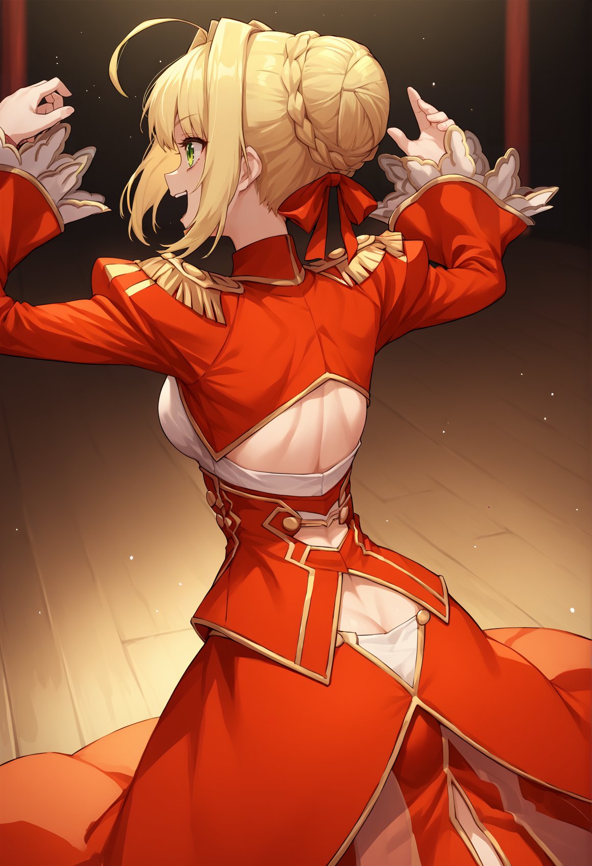 1girl, blonde hair, french braid, single hair bun, green eyes, ahoge, sidelocks, red dress, red skirt, Epaulettes, Clothing Cutout, long sleeves, smile, from behind, back, butt crack, dancing, ass shake, open mouth, stage  <lora:Mochiron_yo_da_yo:1>, score_9, score_8_up, score_7_up, score_6_up, score_5_up, score_4_up, BREAK source_anime, masterpiece