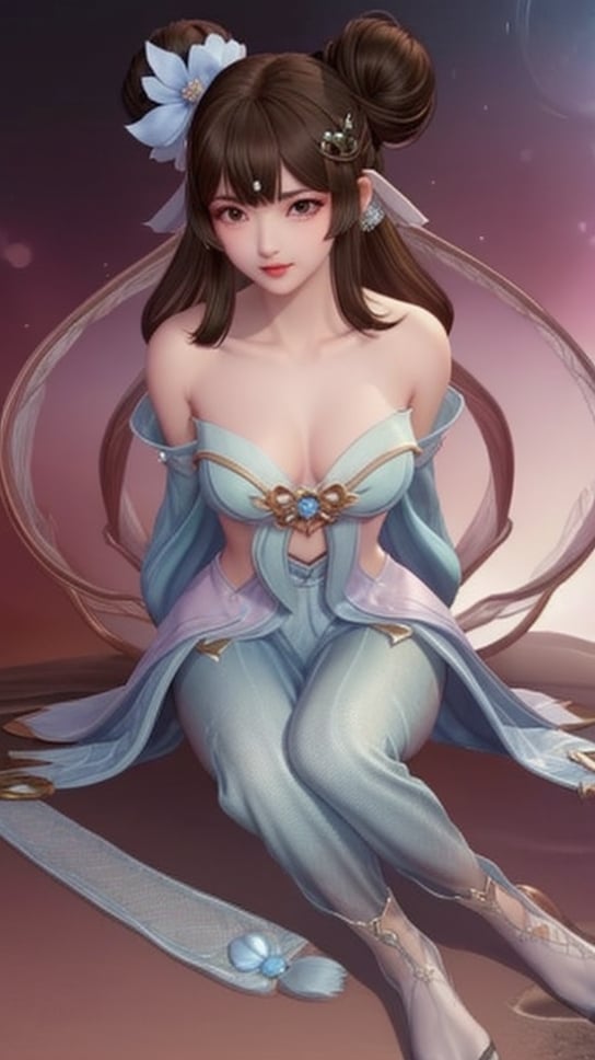 (1girl),smooth chin,masterpiece,detailed face,((hair ornament)),top quality,4k,make up,best quality,medium breasts,(looking at viewer),long legs,double bun,jewelry hair,dress,detached sleeves,ribbon,shawl,light blue skirt,puffy pants,hair rings,hair flower,(wariza),(arms behind back),bangs,jewelry on bangs,<lora:王者 小乔 青蛇SD_v1.0:0.6>,