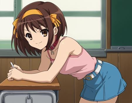 score_9, score_8_up, score_7_up, source_anime,haruhisuzumiya,  <lora:haruhi-suzumiya-s1-ponyxl-lora-nochekaiser:1>,haruhi suzumiya, short hair, brown hair, brown eyes, hairband, medium hair, ribbon, hair ribbon,skirt, casual, camisole, pink camisole, bare shoulders, collar bone, belt, white belt, skirt, denim skirt, short skirt,indoors, classroom, bent over, smile,looking at viewer, cowboy shot, solo,