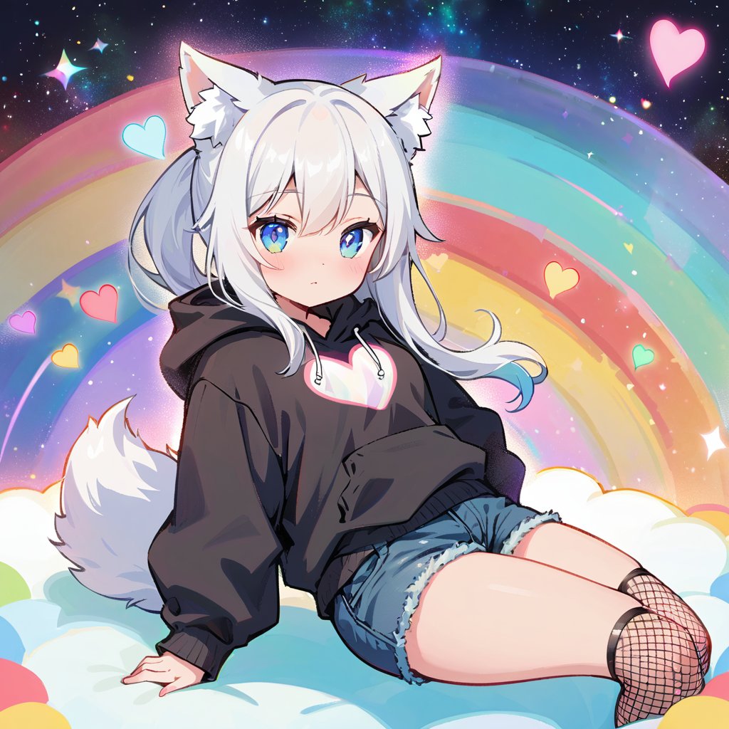 a cute adult girl with wolf ears,long white hair,long locks,has a wolf tail,wearing a loose cropped oversized black hoodie,wearing a pair of denim short shorts and fishnet stockings,thick thighs,wide hips,relaxing on mound of fluffy multi colored kawaii plushies,short,very slim,showing slender tummy,heart on hoodie,squishy thighs,has glowing blue eyes. alone,solo (ALONE)(SOLO),surrounded by rainbows,colorful galaxy backround,