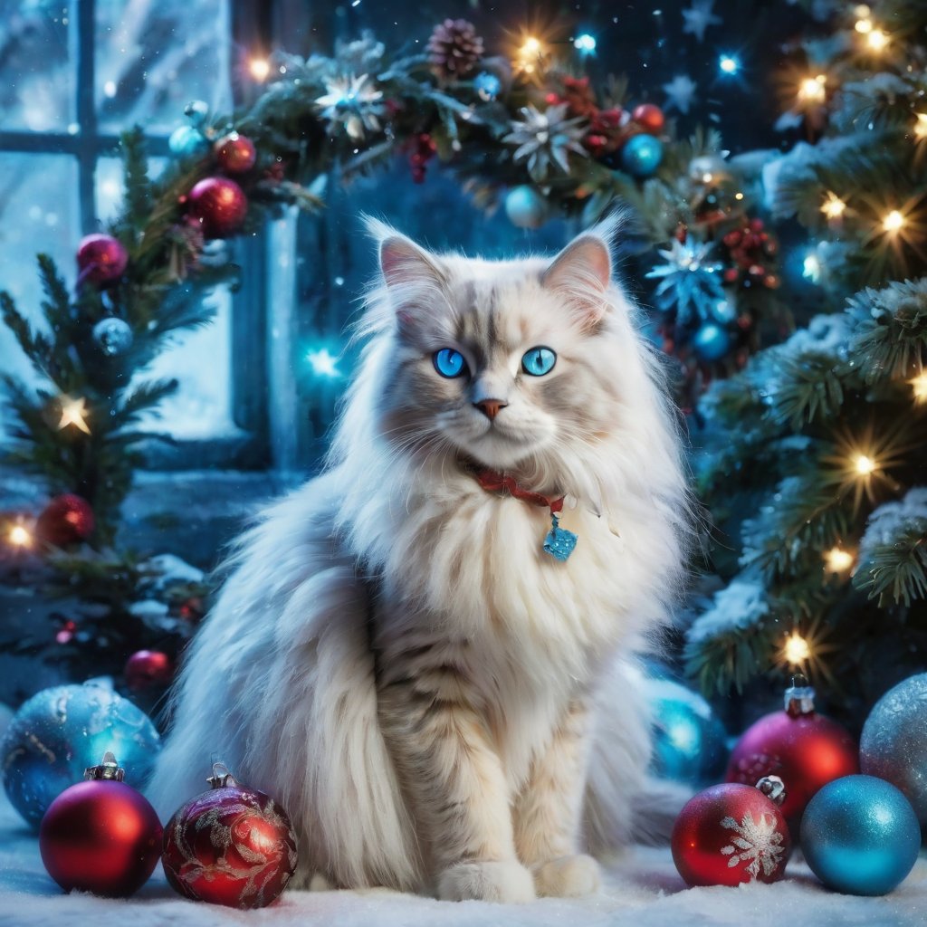 poakl christmas style,animal, (flourescent blue theme), iridescent aura, ragdoll cat, stup1dantl3rs, fake antlers, snowing, high quality,best quality, highres, high detail, masterpiece, best quality,<lora:poaklSDXLchristmas-000008:0.6>,