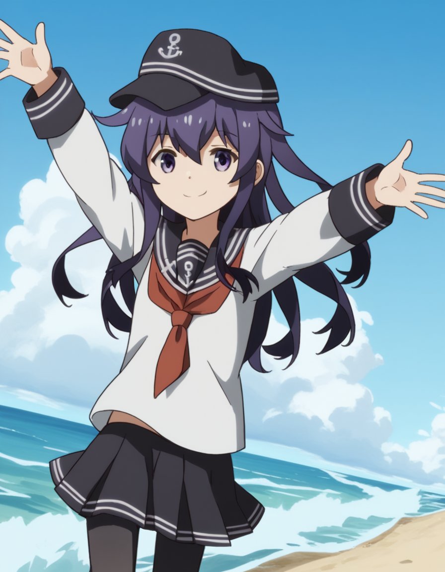 score_9, score_8_up, score_7_up, source_anime, <lora:kancolle-akatsuki-s1-ponyxl-lora-nochekaiser:1>, akatsuki, long hair, hair between eyes, purple eyes, purple hair, akatsuki (kancolle), skirt, shirt, long sleeves, hat, school uniform, pantyhose, pleated skirt, serafuku, black skirt, sailor collar, neckerchief, black pantyhose, red neckerchief, anchor symbol, flat cap,, beach, sunset, walking along shore, footprints in sand, waves, peaceful, smile, looking at viewer, on back, arm support, arms up, incoming hug, pov, reaching, reaching towards viewer,, solo,, cowboy shot, dutch angle