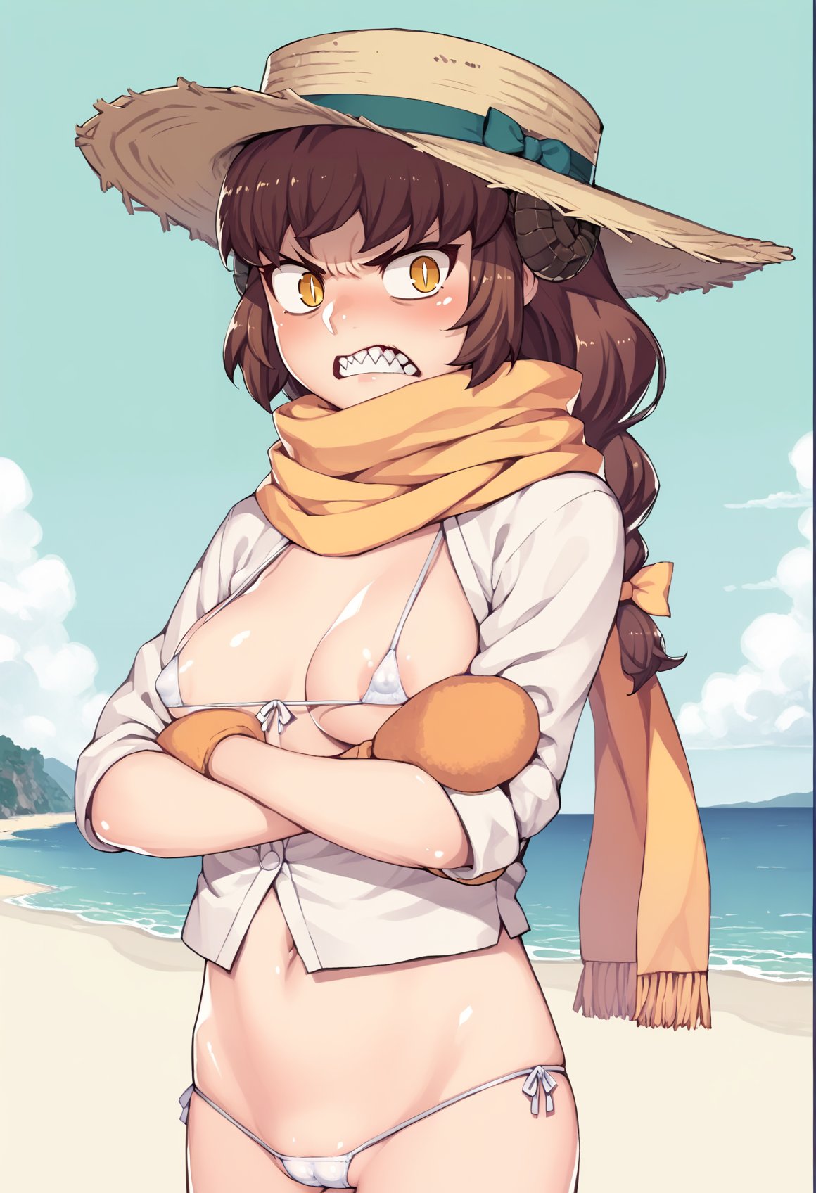 1girl, solo, brown hair, yellow eyes, long hair, braid, horns, white shirt, ribbon, hat, scarf, mittens, swimsuit, microbikini, blushing, angry, sharp teeth, slit pupils, outdoors, beach, standing, crossed arms, coverted nipples, medium breasts <lora:Mary_Anning:0.8><lora:Tsugumomo:1>, score_9, score_8_up, score_7_up, score_6_up, score_5_up, score_4_up, BREAK source_anime, masterpiece