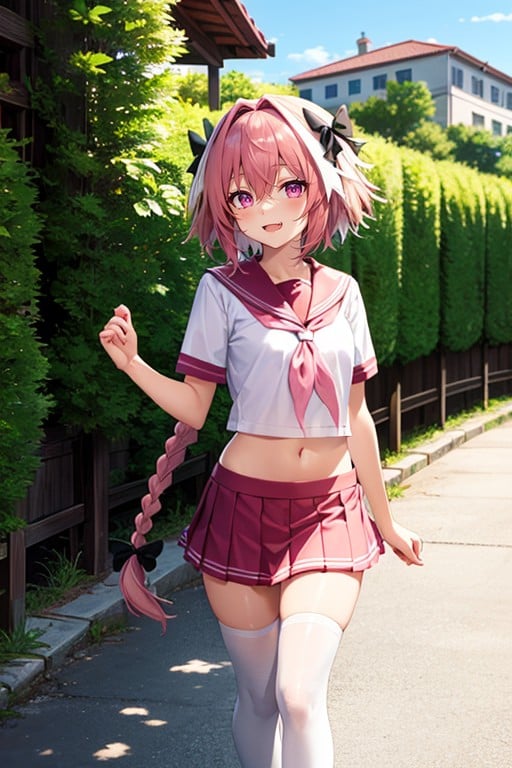 masterpiece, day, outdoors, front view, solo, 1boy, standing, smile, looking_at_viewer, <lora:astolfo_serafuku_v4:1>, astolfoserahuku, astolfo \(fate\), astolfo \(sailor paladin\) \(fate\), black bow, black ribbon, bow, braid, braided ponytail, fang, hair between eyes, hair bow, hair ribbon, long braid, long hair, miniskirt, midriff, navel, neckerchief, official alternate costume, pink hair, pink neckerchief, pink sailor collar, pink skirt, pleated skirt, purple eyes, ribbon, sailor collar, school uniform, serafuku, shirt, short sleeves, single braid, skirt, streaked hair, white hair, white shirt, white thighhighs, zettai ryouiki, shoes, loafers, 