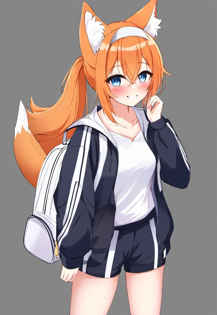 mari (blue archive), mari (track) (blue archive), 1girl, animal ear fluff, animal ears, bag, black jacket, black shorts, blue eyes, blush, collarbone, contrapposto, cowboy shot, double-parted bangs, fox ears, fox girl, gym shirt, gym shorts, gym uniform, hair between eyes, hand up, headband, jacket, long hair, long sleeves, looking at viewer, low ponytail, no halo, official alternate costume, official alternate hairstyle, open clothes, open jacket, orange hair, shirt, shorts, shoulder bag, smile, solo, thighs, track jacket, white background, white bag, white headband, white shirt