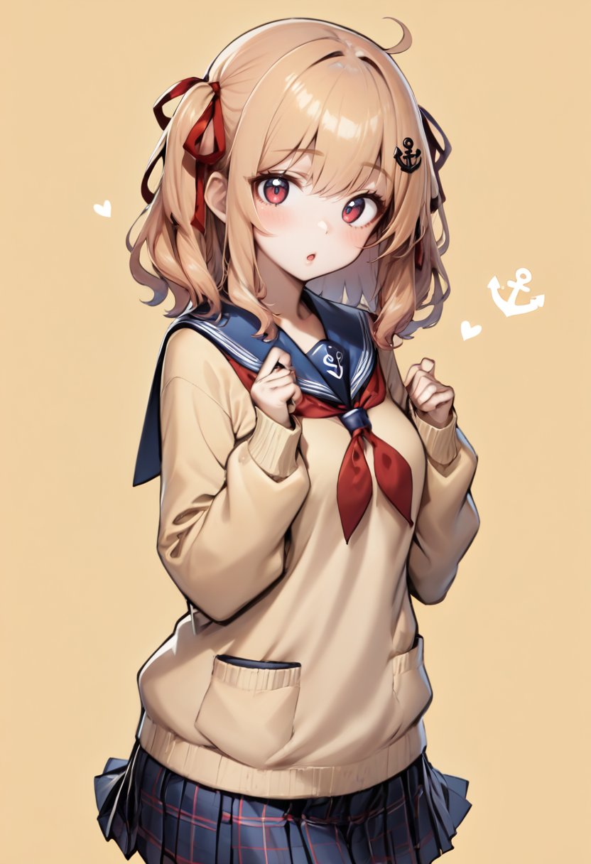 1girl, :o, alternate costume, anchor symbol, blue sailor collar, hair ribbon, long sleeves, looking at viewer, neckerchief, plaid, plaid skirt, red ribbon, ribbon, sailor collar, school uniform, serafuku, simple background, skirt, solo, sweater, yellow sweater, 