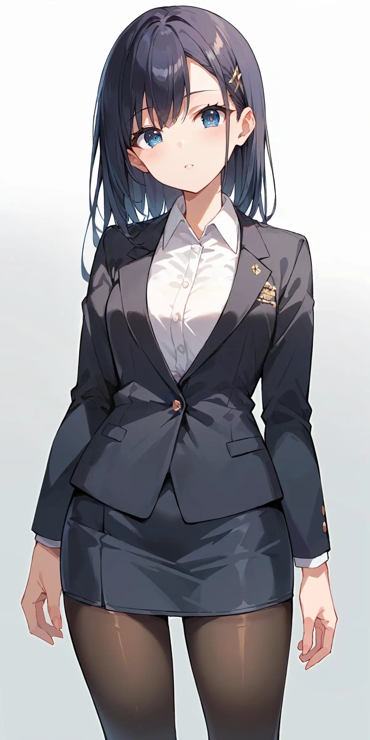 score_9, score_8_up, score_7_up,source_anime, high res image,masterpiece,best quality,girl,cute face,clear skin,shiny hair,ultra detailed eyes,simple background,   <lora:suit skirt_pony_V1.0:1> suit, shirt,skirt, pantyhose