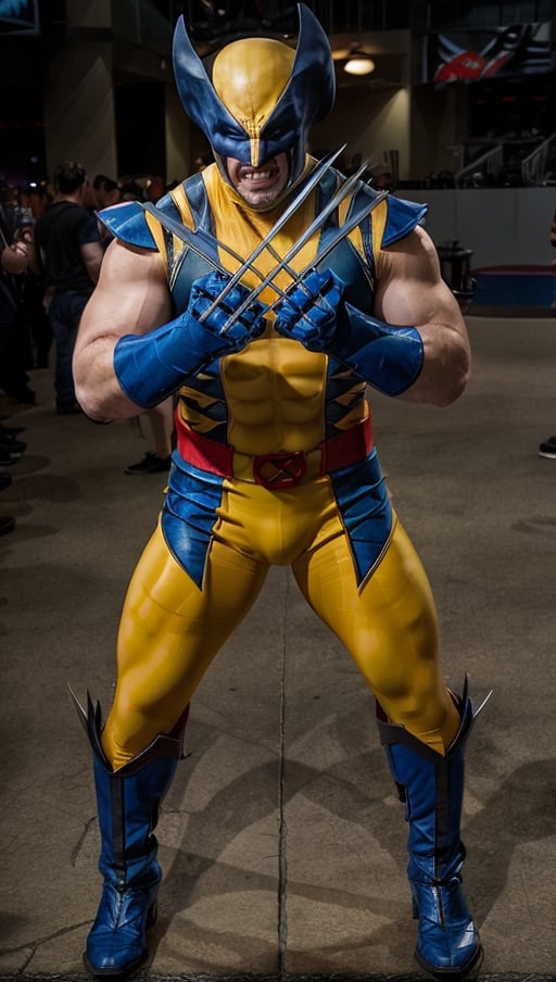 a man in a wolverine costume is posing for a picture with his claws out and his hands out,, Adam Rex, marvel comics, a character portrait, plasticien <lora:WOLVERINE:0.8>