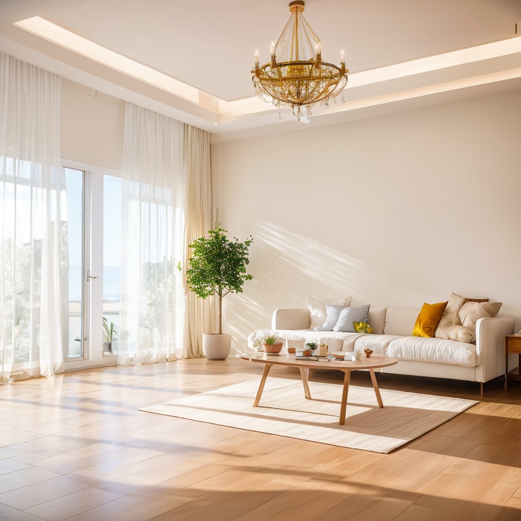 Interior, modern light luxury minimalist style, super wide Angle, soft light, white walls, large floor-to-ceiling Windows, 1 pot plant, white tulle curtains, early morning, RAW color photos, professional photos, masterpieces, best quality, realistic