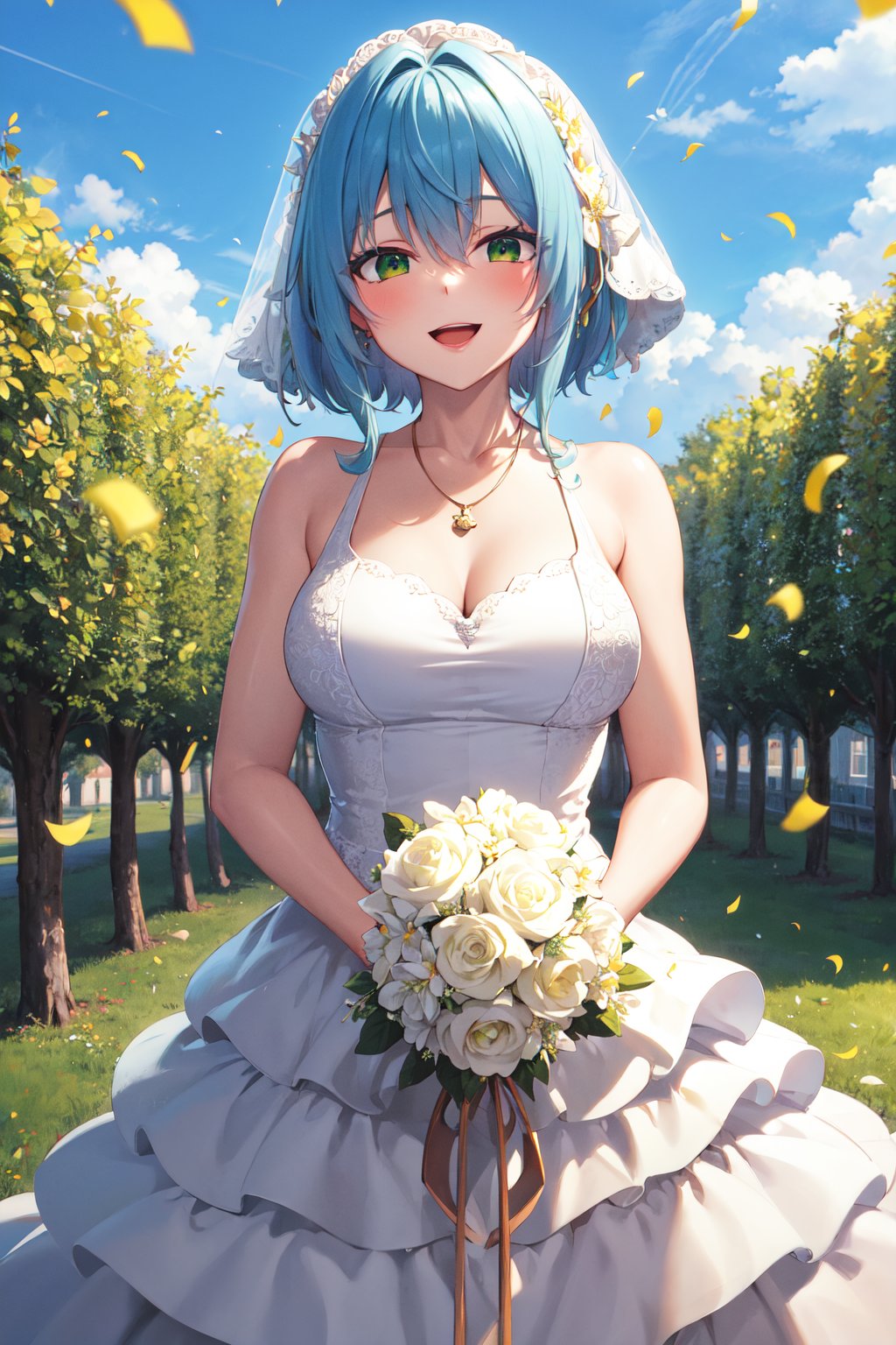 masterpiece, best quality, highres, aavillhaze, short hair, green eyes, breasts, <lora:villhaze_v1:0.7>, wedding dress, white dress, necklace, holding bouquet, garden, smile, open mouth, confetti, 