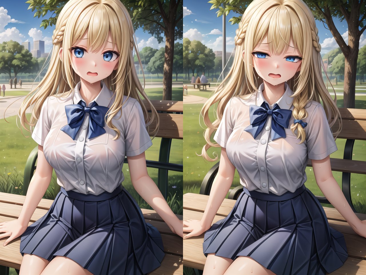 <lora:hosome_v200:1>masterpiece, best quality, perfect symmetrical face, extremely detailed eyes,(1 girl:1.4), one slender cute girl with perfect symmetrical face, extremely detailed eyes, cowboy shot, standing,BREAK(in a park:1.4), (sitting on bench in park:1.3),wet, (see-through bra, black bra under white shirt),sweat, so hot, sad, open mouth, wavy mouth, looking at viewerBREAKsummer school uniform with indigo blue bowtie, (white shirt:1.4), (dark blue pleated skirt:1.3), (indigo blue bowtie:1.4), short sleevesBREAK(medium large breasts:1.3), (cleavage:-1.5),(blonde hair:1.4), medium long hair with french braid, platinum blue eyes