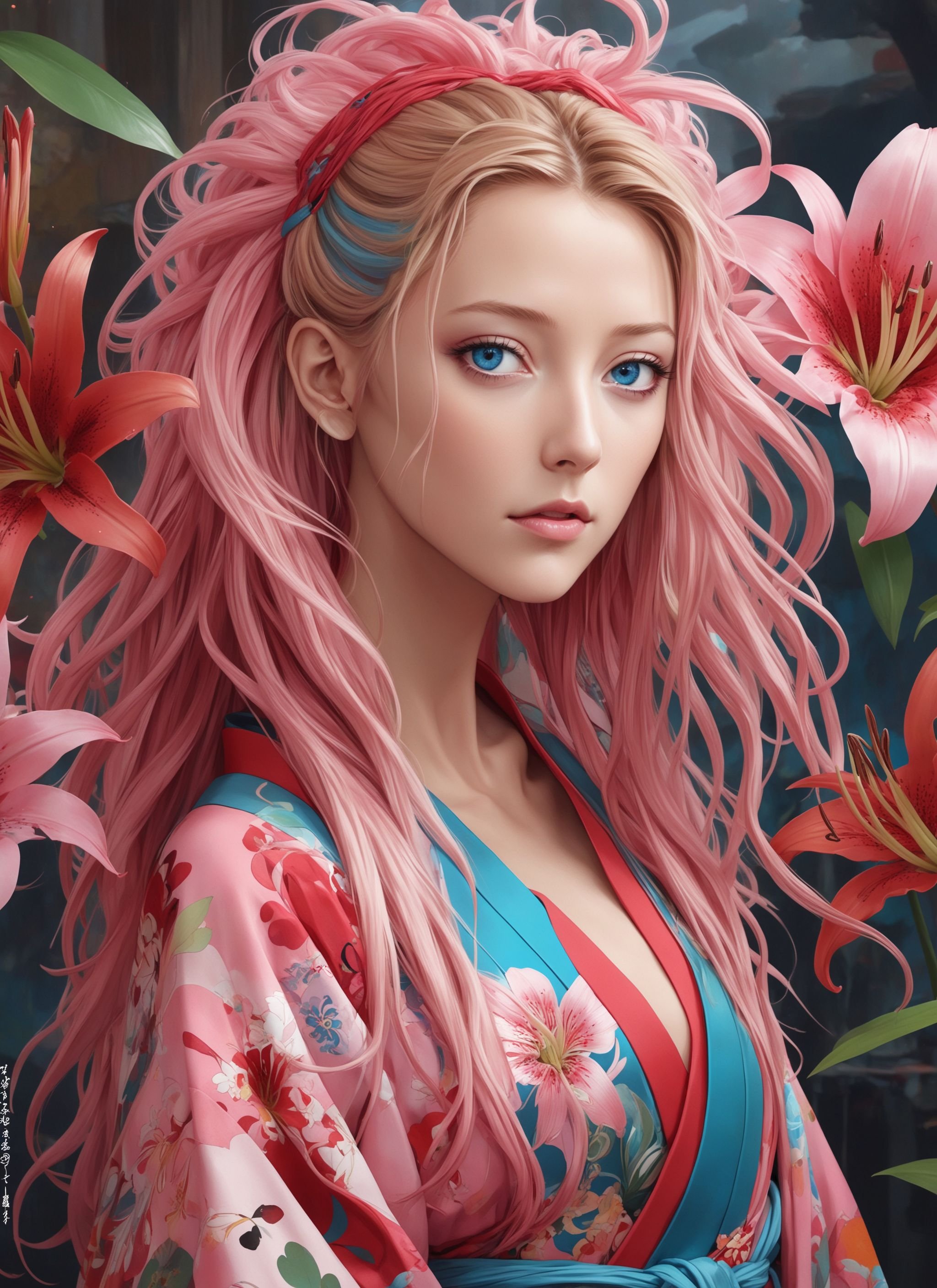 epresentation of blake lively plus grow fashionable with pink long messy bangs and large blue eyes, with slit pupils visible undergarments and colorful dreadlocks, elaborate delicate glorious perfect kimono set, luxearte portrait, dream and tragedy, vivid crimson lilies, artgerm, ruan jia, ross tran, wlop, takashi murakami, studio ghibli