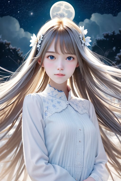 {masterpiece},extremely detailed 8K wallpaper,highres,focus on character,1girl,{{upper body}},hair flower,highly detailed long white hair,floating hair,halo,light blue eyes,{{delicate face}},cute,detailed starry sky,snowflakes,full moon,moonlight,floating city,