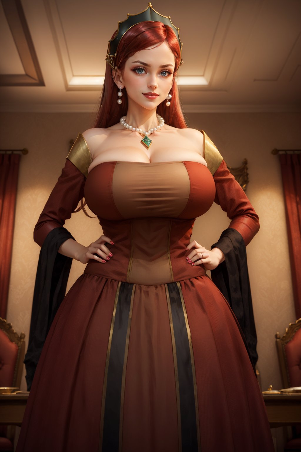 masterpiece, best quality, <lora:hildagreyrat-nvwls-v1-000010:1> hildagreyrat, grey eyes, headdress, earrings, pearl necklace, pendant, large breasts, red dress, cleavage, long dress, wide sleeves, upper body, lipstick, looking at viewer, smile, from below, hands to hips