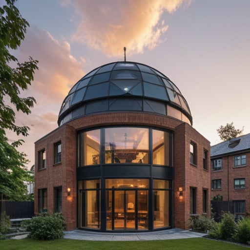 <lora:lora:0.9> real architecture photo of a modern organic house, with red bricks and black metal, in the city,, perfect photo of high tech cupola building, beautiful place, extremely detailed, aesthetic, vibrant, evening, striking design