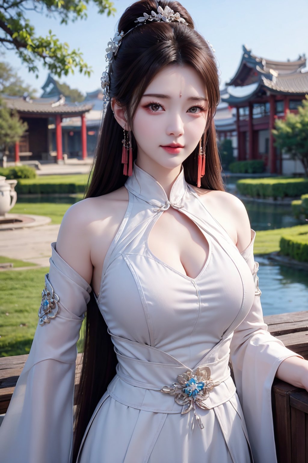 CAFC,1girl,forehead mark,brown hair,solo,long hair,facial mark,hair rings,upper body,jewelry,suburban scenery,east asian,chinese style architecture,