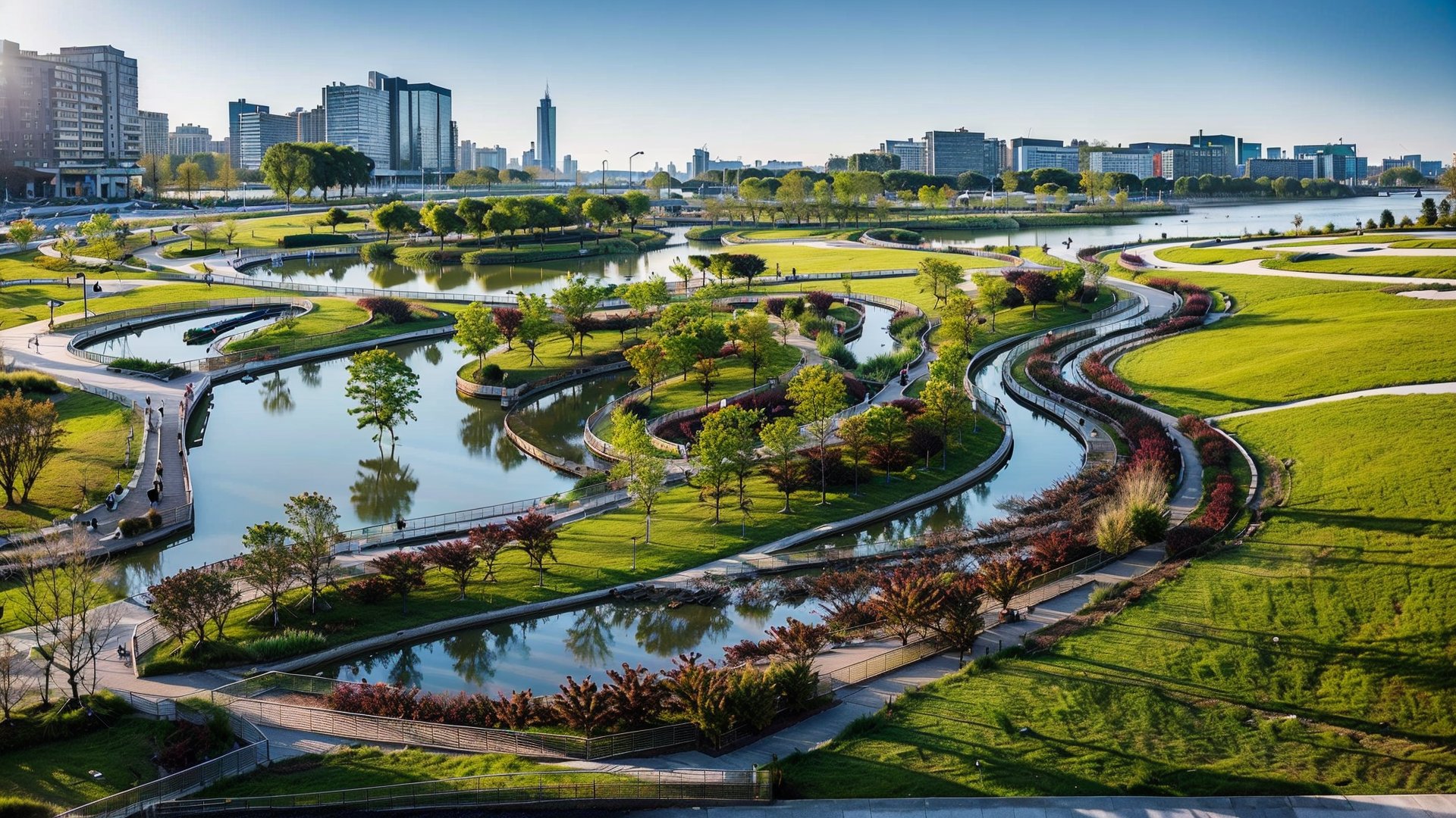 road,masterpiece,outdoors,city,cityscape,skyscraper,human,day,sky,tree,city,cloud,building,best quality,smooth,tree,daytime,concise,plant,building,outdoors,HDR,UHD,8K,Highly detailed,Studio lighting,HDR-based rendering,UK il,extreme-description,water,Beautiful composition,advanced sense,The sparkling water surface,moody,relaxing,Rich plant groupings,Best Lighting,A photo of a landscape park,Continuous road,outstanding platform,<lora:landscape_滨水景观:0.8>,